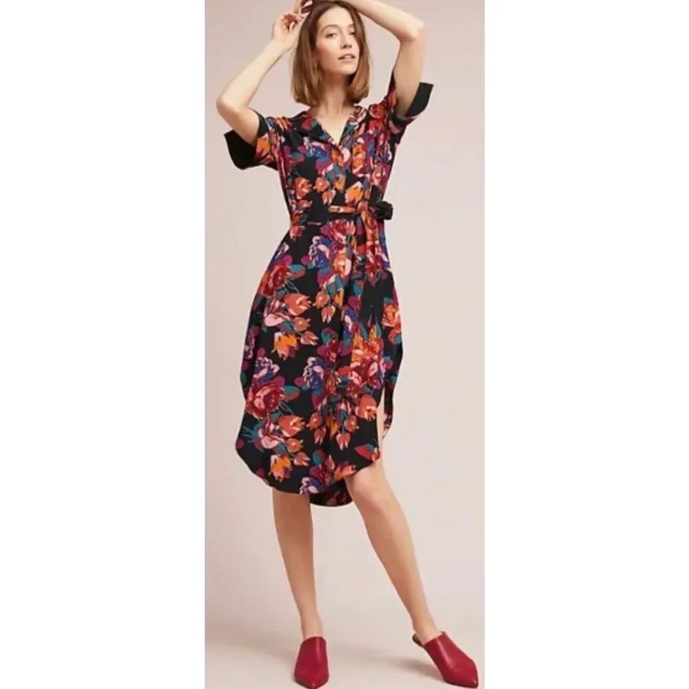 Maeve Anthropologie floral belted button down shirt dress